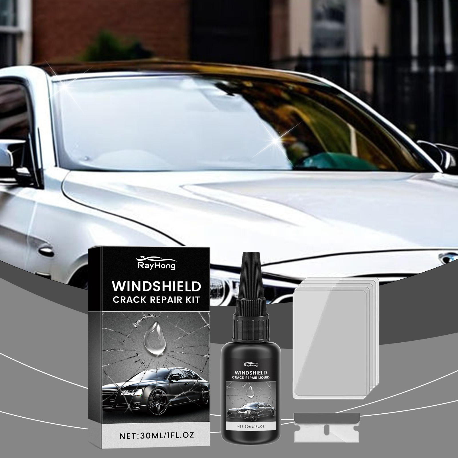 Liquid Uv Glue Kit - กาวซ่อมกระจกหน้ารถ - กาวซ่อมรอยแตกร้าวและรอยขีดข่วนบนกระจกหน้ารถ ช่วยให้การมองเห็นชัดเจนอีกครั้ง ชุดซ่อมรอยแตกร้าวบนกระจกรถยนต์แบบ DIY